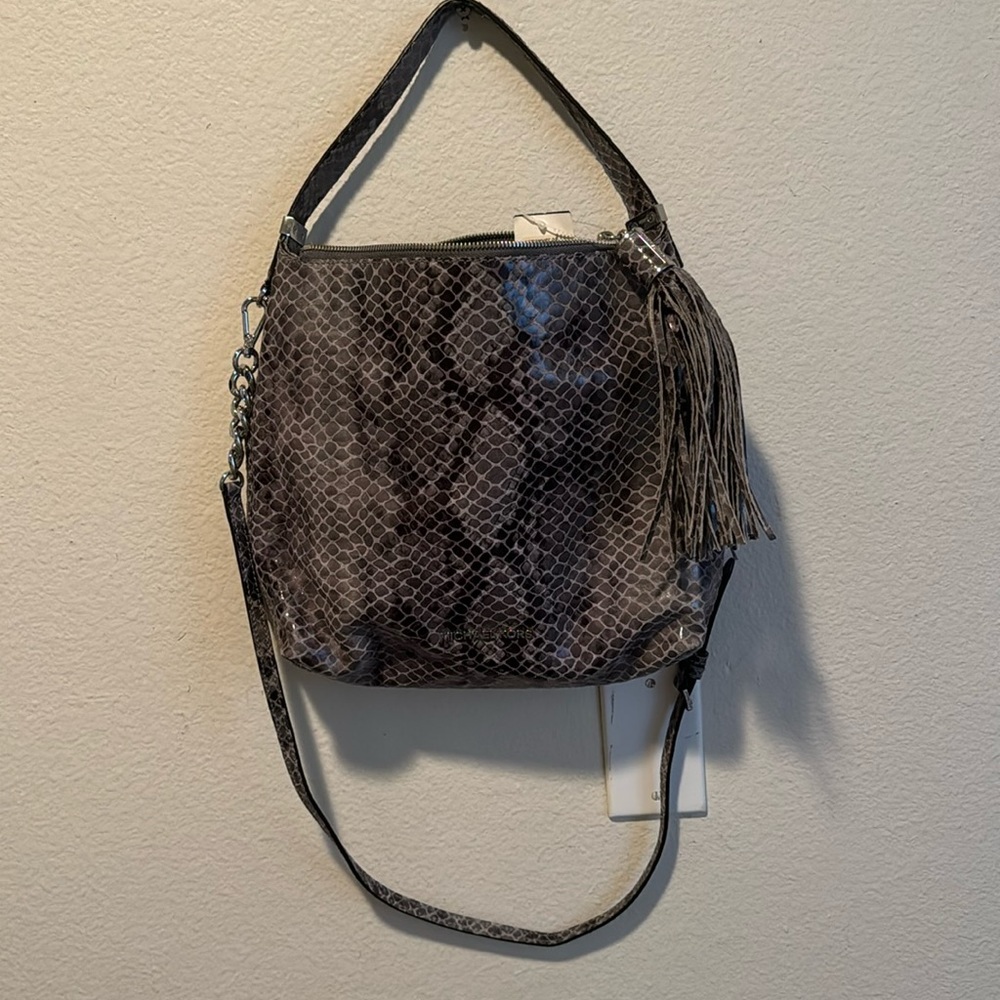 Michael Kors Gray Snake-Print Crossbody Bag with Tassel